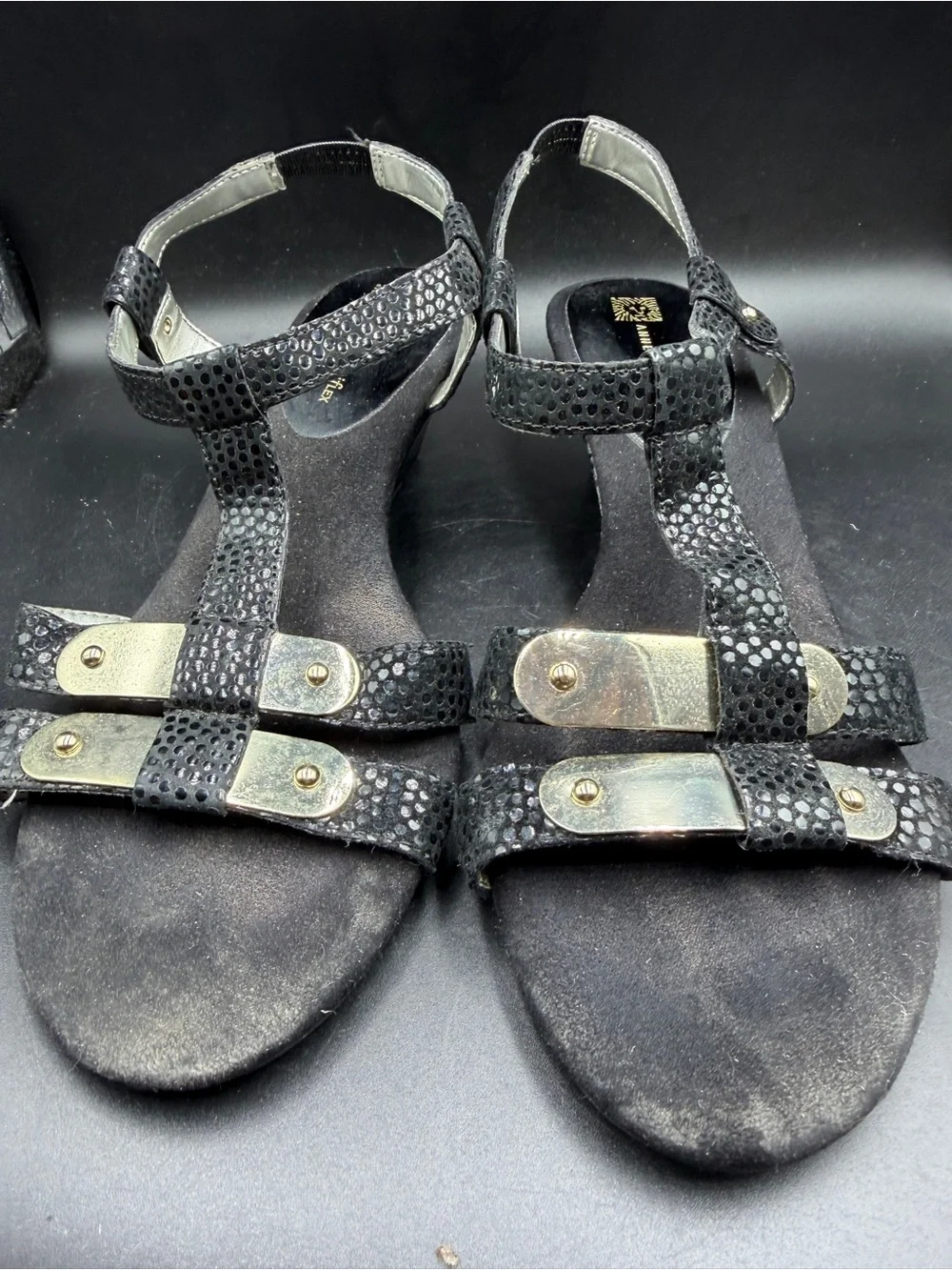 Anne Klein Black Textured Low Wedge Sandals